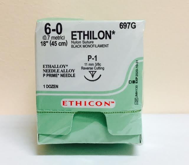 Code 1 Supply Ethicon 697G 6-0 Ethilon Black 1 in. X 18 in. P-1 P-1 11mm. 3/8 Circle (Box of 12)